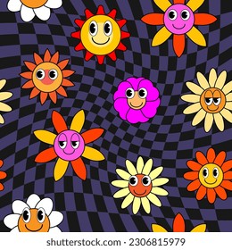 Groovy hippie flower seamless pattern. Colorful flowers trendy check distortion background retro trippy 70s style