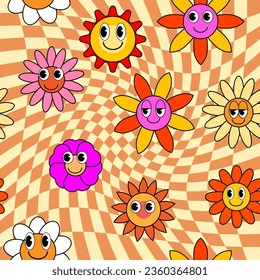 Flor hippie gruesa sin fisuras. Flores coloridas a la moda comprobar distorsión fondo estilo retro trippy 70