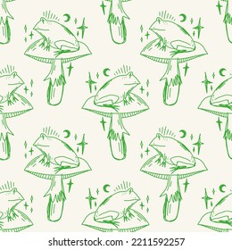 Groovy hippie frogs seamless pattern, unique boho clipart illustration, goblincore, witchcore, fairycore trendy aesthetic style.