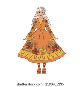 Groovy hippie girl in an orange dress with flowers. The girl has white hair.