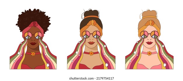 Groovy hippie girls portrait with rainbow glasses, 70s retro women face different skin color options, funny poster or t-shirt print pre-made template, vector hand drawn bundle