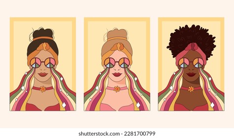Groovy hippie girls portrait with rainbow glasses, 70s retro women face different skin color options, funny positive poster pre-made template, vector