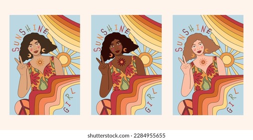 Groovy hippie girls portrait with rainbow glasses, 70s retro women face different skin color options, funny positive poster pre-made template, vector