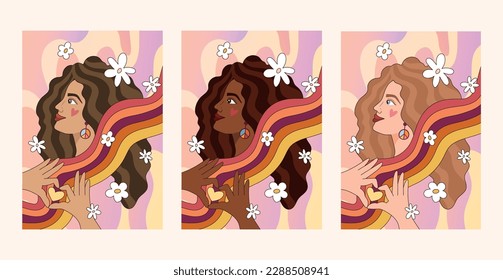 Groovy hippie girls portrait with rainbow glasses, 70s retro women face different skin color options, funny positive poster, placard, t shirt print pre-made template, vector pack