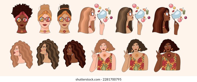 Groovy hippie girls portraits isolated cliparts, 70s retro women face different skin color options, nostalgia and positive vibes, vector