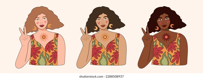 Groovy hippie girls portraits isolated cliparts, 70s retro women face different skin color options, nostalgia and positive vibes, vector