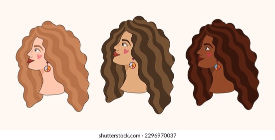 Groovy hippie girls portraits isolated cliparts, 70s retro women face different skin color options, nostalgia and positive vibes, vector