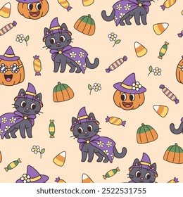 Groovy hippie Halloween seamless pattern with witch black cats and pumpkin. Cute and cheerful retro background. Candies and flowers.