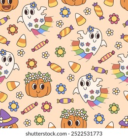 Groovy hippie Halloween seamless pattern with pumpkins, ghosts and candies. Cute and cheerful retro background. Candies and flowers.