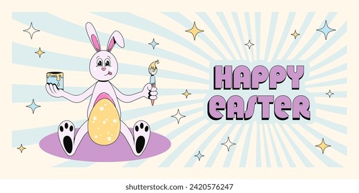 Groovy hippie Happy Easter banner, background, poster. Easter bunny paint eggs, greeting text. Vector illustration of cartoon character and typography in trendy retro 60s 70s style.