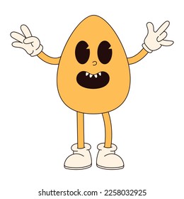 Groovy hippie Happy Easter character. Easter egg in trendy retro 60s 70s cartoon style.