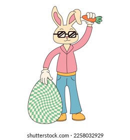 Groovy hippie Happy Easter character. Easter bunny in trendy retro 60s 70s cartoon style.