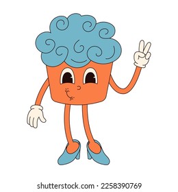 Groovy personaje hippie Happy Easter . Un panecillo de Pascua al estilo de dibujos animados retro de los años 70.