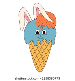 Groovy hippie Happy Easter character. Easter ice cream in trendy retro 60s 70s cartoon style.