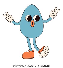 Groovy personaje hippie Happy Easter . Huevo de Pascua al estilo de dibujos animados retro de los años 70.