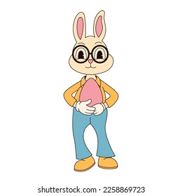 Groovy hippie Happy Easter character. Easter bunny in trendy retro 60s 70s cartoon style.