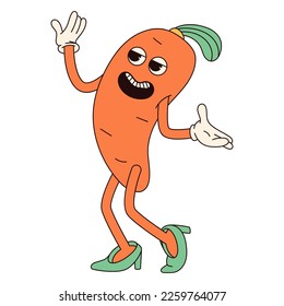 Groovy hippie Happy Easter character. Easter carrot in trendy retro 60s 70s cartoon style.
