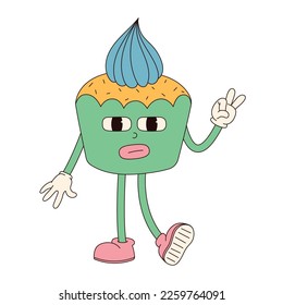 Groovy personaje hippie Happy Easter . Un panecillo de Pascua al estilo de dibujos animados retro de los años 70.