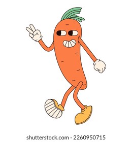 Groovy hippie Happy Easter character. Easter carrot in trendy retro 60s 70s cartoon style.