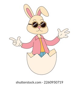 Groovy hippie Happy Easter character. Easter bunny in trendy retro 60s 70s cartoon style.