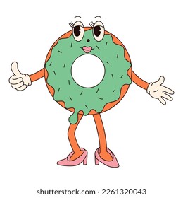 Groovy hippie Happy Easter character. Easter bun in trendy retro 60s 70s cartoon style.