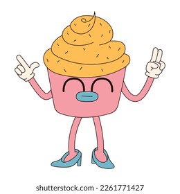 Groovy hippie Happy Easter character. Easter bun in trendy retro 60s 70s cartoon style.
