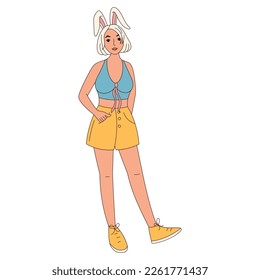 Groovy hippie Happy Easter character. Girl with rabbit ears in trendy retro 60s 70s cartoon style.