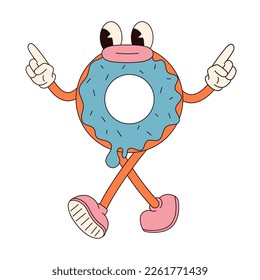 Groovy hippie Happy Easter character. Easter bun in trendy retro 60s 70s cartoon style.