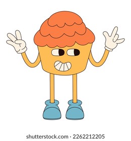 Groovy hippie Happy Easter character. Easter bun in trendy retro 60s 70s cartoon style.