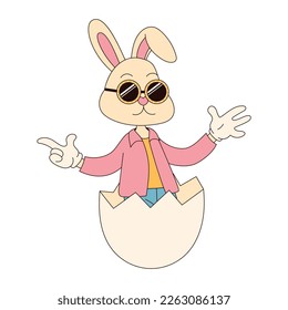 Groovy hippie Happy Easter character. Easter bunny in trendy retro 60s 70s cartoon style.