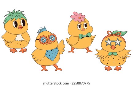 Groovy hippie Happy Easter characters. Set of Easter chicks in trendy retro 60s 70s cartoon style.