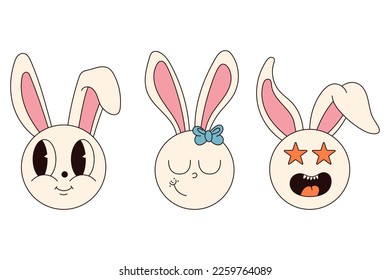 Groovy hippie Happy Easter characters. Set of Easter bunnies in trendy retro 60s 70s cartoon style.