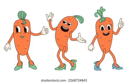 Groovy hippie Happy Easter characters. Set of Easter carrot in trendy retro 60s 70s cartoon style.