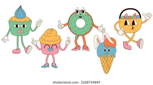 Groovy hippie Happy Easter characters. Easter bun, ice cream, egg basket in trendy retro 60s 70s cartoon style.