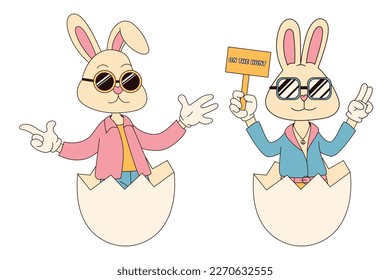 Groovy hippie Happy Easter characters. Set of Easter bunnies in trendy retro 60s 70s cartoon style.