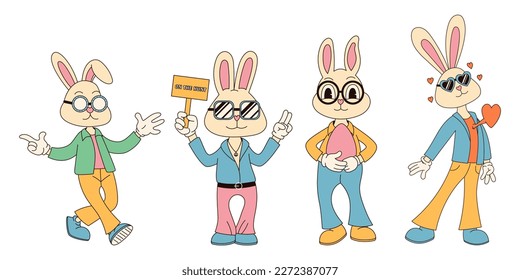 Groovy hippie Happy Easter characters. Set of Easter bunnies in trendy retro 60s 70s cartoon style.