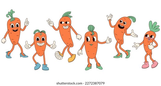 Groovy hippie Happy Easter characters. Set of Easter carrot in trendy retro 60s 70s cartoon style.