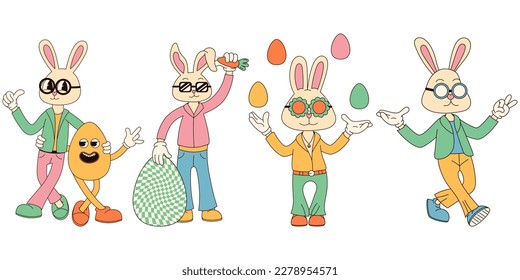 Personajes de Groovy Hippie Happy Easter . Conjunto de conejitos de Pascua al estilo de dibujos animados retro de los años 70.