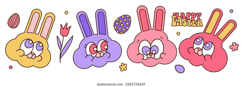 Groovy hippie Happy Easter characters. Set of Easter bunnies muzzles in trendy retro 60s 70s cartoon style. Rabbits heads. Contour vector illustration with cute eyes.