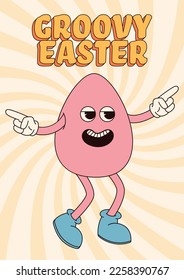 Groovy hippie Happy Easter posters. Easter eggs. Vector card in trendy retro 60s 70s cartoon style.