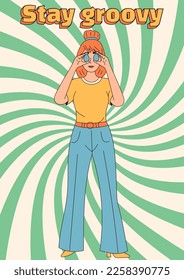 Groovy Hippie Happy Osterplakate. Das Mädchen hält Ostereier. Vektorkarte im trendigen Retro-Stil der 70er Jahre.
