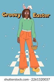 Groovy hippie Happy Easter posters. Girl with rabbit ears. Vector card in trendy retro 60s 70s cartoon style.