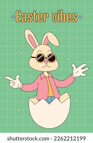 Groovy hippie Happy Easter posters. Easter bunny. Vector card in trendy retro 60s 70s cartoon style.