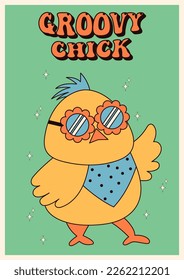 Groovy hippie Happy Easter posters. Easter chick. Vector card in trendy retro 60s 70s cartoon style.
