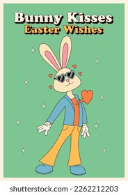 Groovy hippie Happy Easter posters. Easter bunny. Vector card in trendy retro 60s 70s cartoon style.