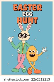 Groovy hippie Happy Easter posters. Easter bunny and egg. Vector card in trendy retro 60s 70s cartoon style.