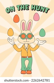 Afiches de Groovy Hippie Happy Easter . Conejo de Pascua. Tarjeta vectorial en el moderno estilo de dibujos animados retro de los años 70.