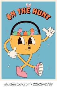 Groovy hippie Happy Easter posters. Easter basket with egg. Vector card in trendy retro 60s 70s cartoon style.