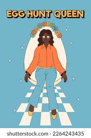 Groovy hippie Happy Easter posters. Girl sits in a big Easter egg. Vector card in trendy retro 60s 70s cartoon style.