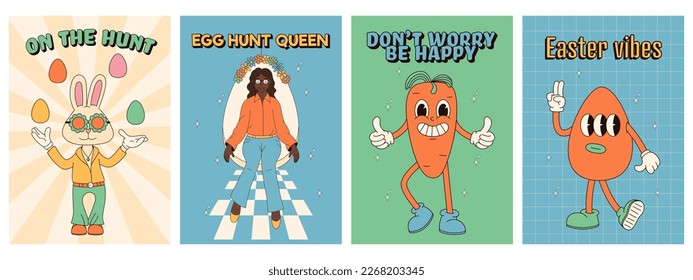 Groovy hippie Happy Easter posters. Easter eggs, bunny. Vector card in trendy retro 60s 70s cartoon style.